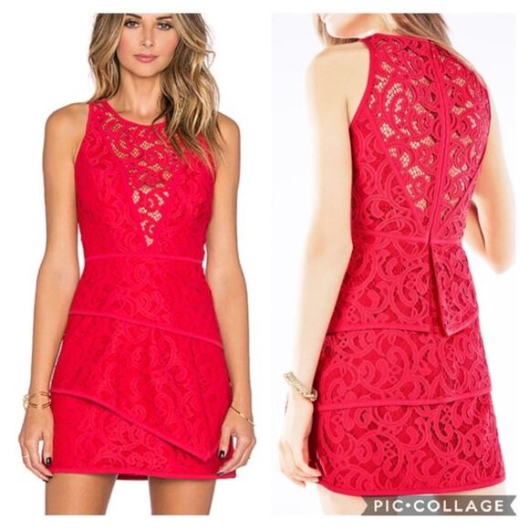 BCBGMaxAzria Hanah Red Dress Semi Sheer Sleeveless Lace Overlay Scallop Size 2 - Picture 1 of 9